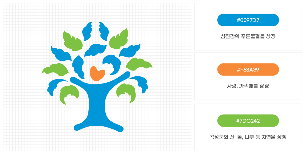 심볼마크 | 0097DF:섬진강의푸른물결상징 F68A39:사랑,가족애상징 7DC242:곡성군의 산,들,나무 등 자연상징