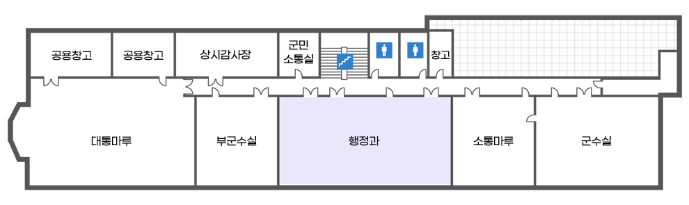 본관2층 청사안내도 입니다. 계단을 중심으로 시계방향으로 화장실, 창고, 군수실, 소통마루, 행정과, 부군수실, 대통마루, 공용창고, 상시감사장, 군민소통실이 있습니다.